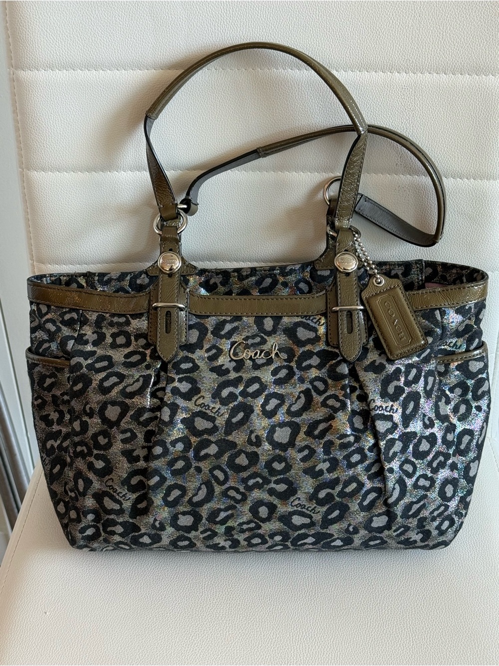 Coach Madison Ocelot Glam Tote Bag Rare Green Patent Leather Trim